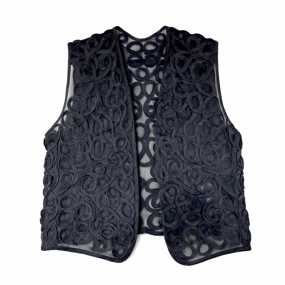 Vintage Anne Klein II Black Soutache Ribbon Vest Sheer Mesh 80s 90s Size L